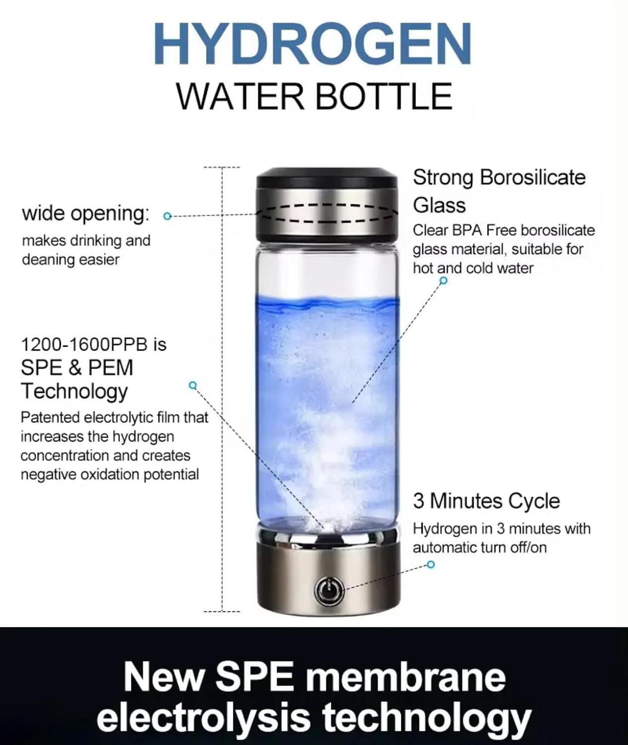 1200-1600PPB Hydrogen Water Bottle - Rechargeable Hydrogen Water Bottle Generator with SPE PEM Technology - 3Min Quick Electrolysis Portable Stainless Steel Water Ionizer for Home, Office & Travel