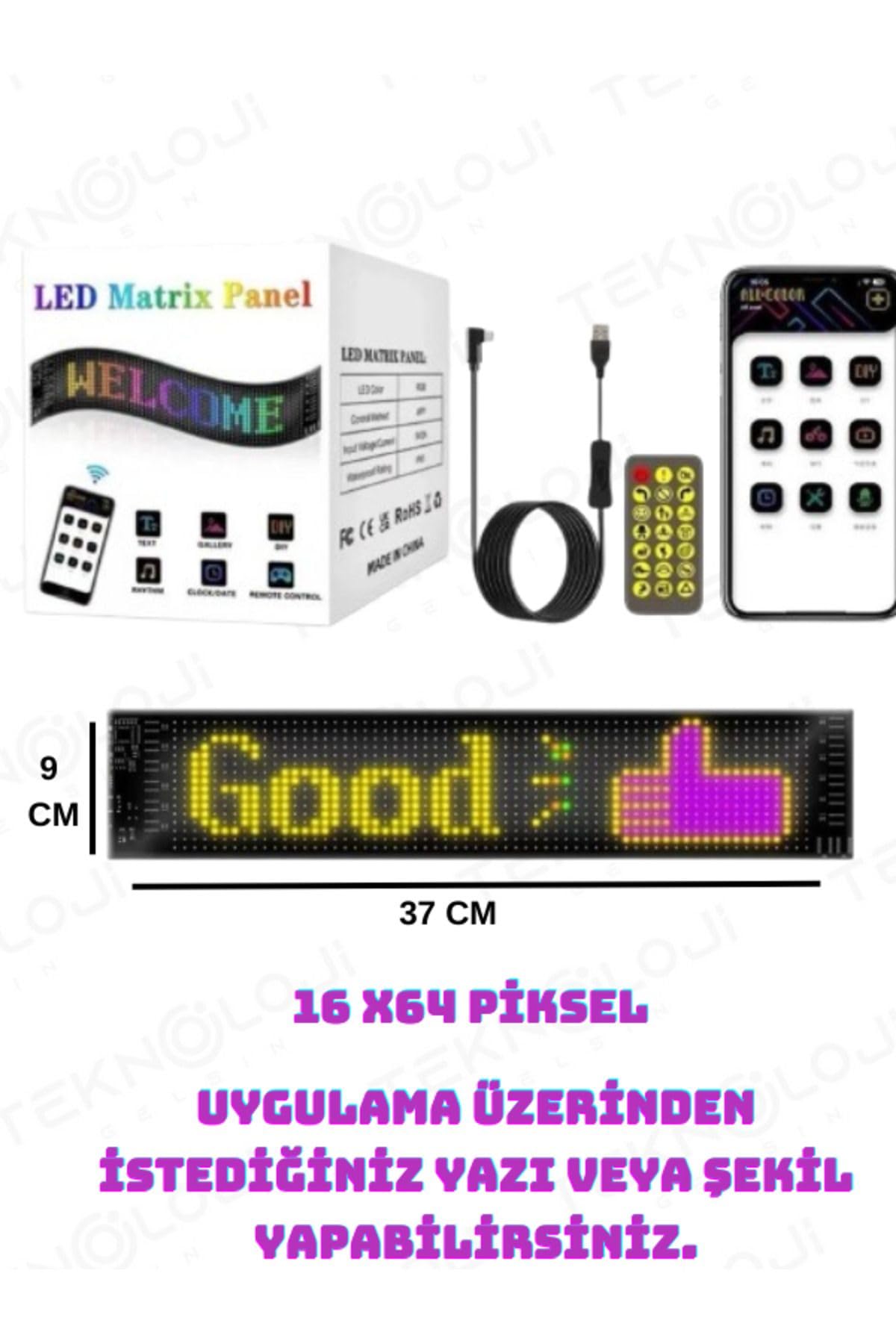 Led Ekran Matrix Panel Cama Yapışan Büyük Boy 16x64 Telefon App