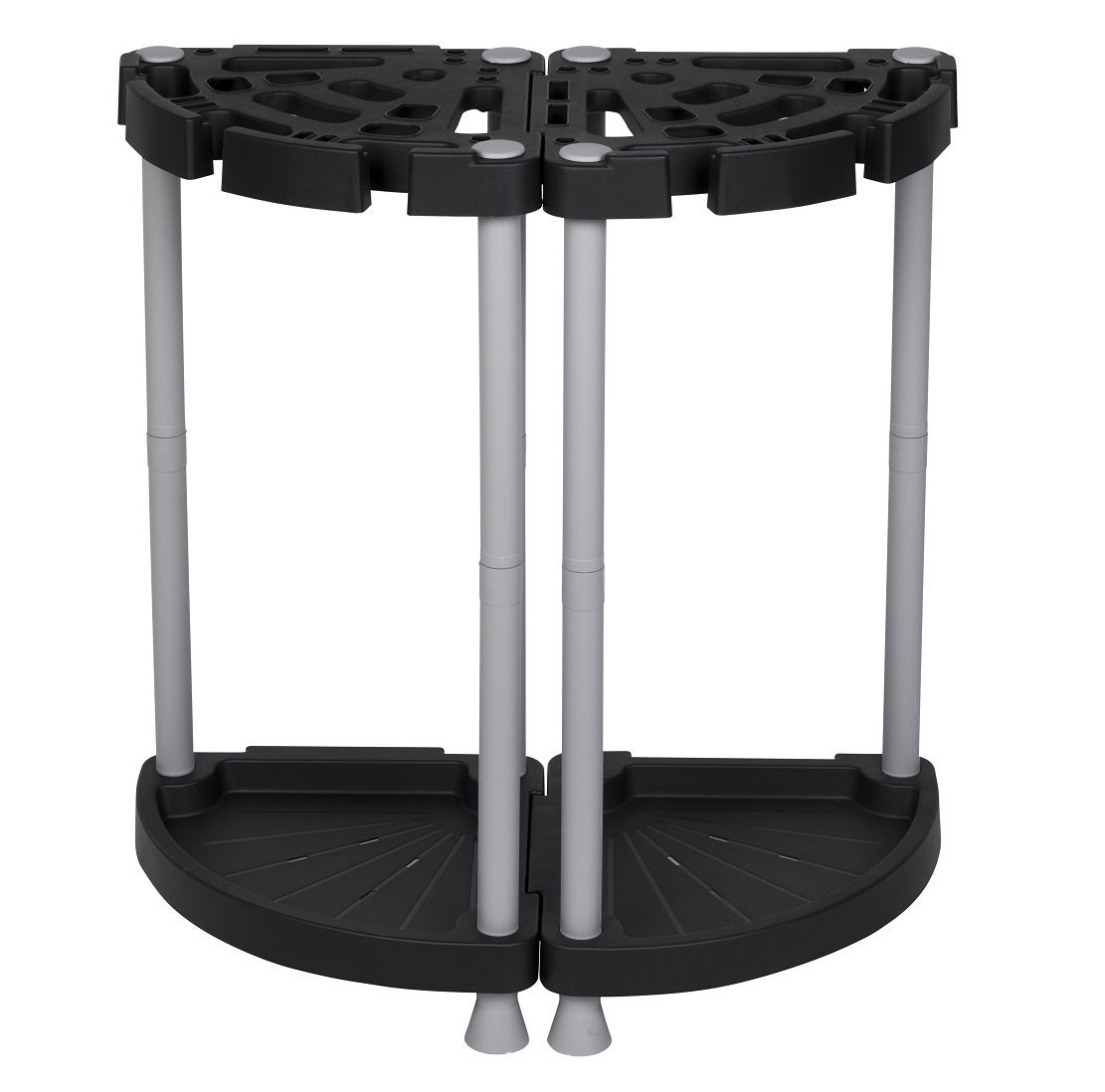 Variabler Gerätehalter aus robustem Kunststoff in Schwarz/Grau. Teilbar als Eck- oder Wandlösung. Für viele Geräte, wie Besen, Rechen u.v.m. Maße: 73 x 37,5 x 77,5 cm