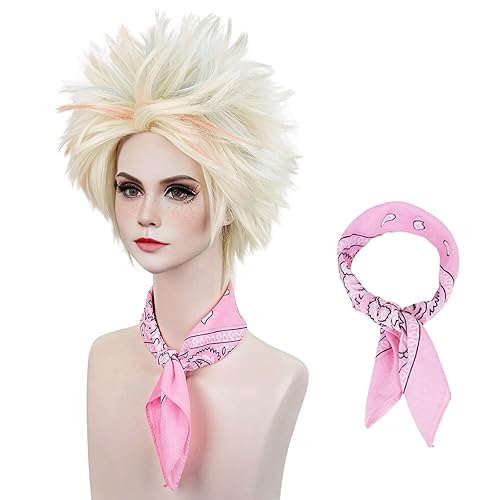 Miniatura 5 de Aicos Peluca corta de mezcla de rubio claro y rosa para mujer, disfraz de fiesta de Halloween, esponjoso, con puntas y gorra de peluca