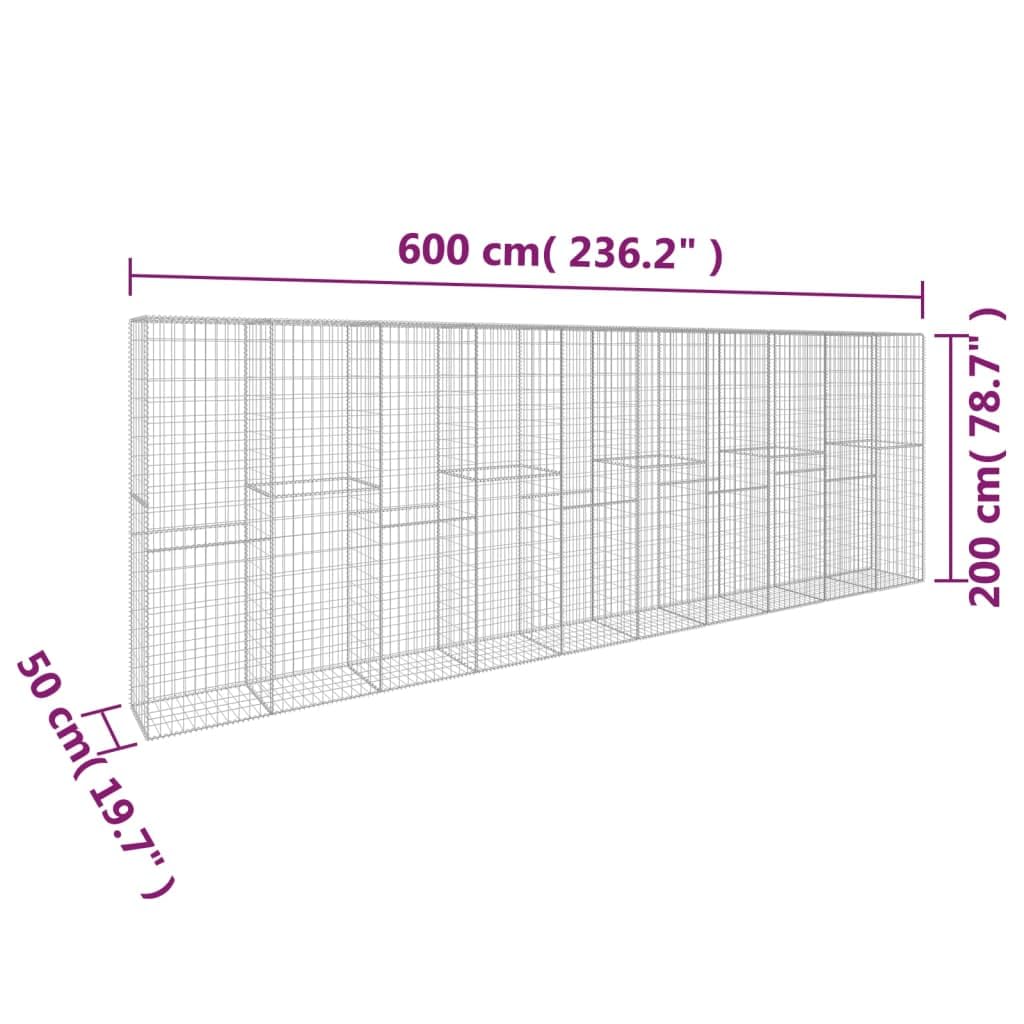 vidaXL Gabionenwand mit Abdeckung Gabione Steinkorb Steingabionen Drahtkorb Mauer Wand Gabionen Verzinkter Stahl 600x50x200cm Silbern