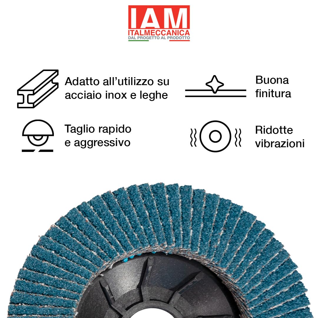 IAM Disco Lamellare Zirconio per Smerigliatrice 115x22mm Flap Disc Professionale Lamella Singola con Supporto in Nylon | Disco Abrasivo per Acciaio Inox e Metallo | Alta Durata | Grana 80 | 10 pezzi