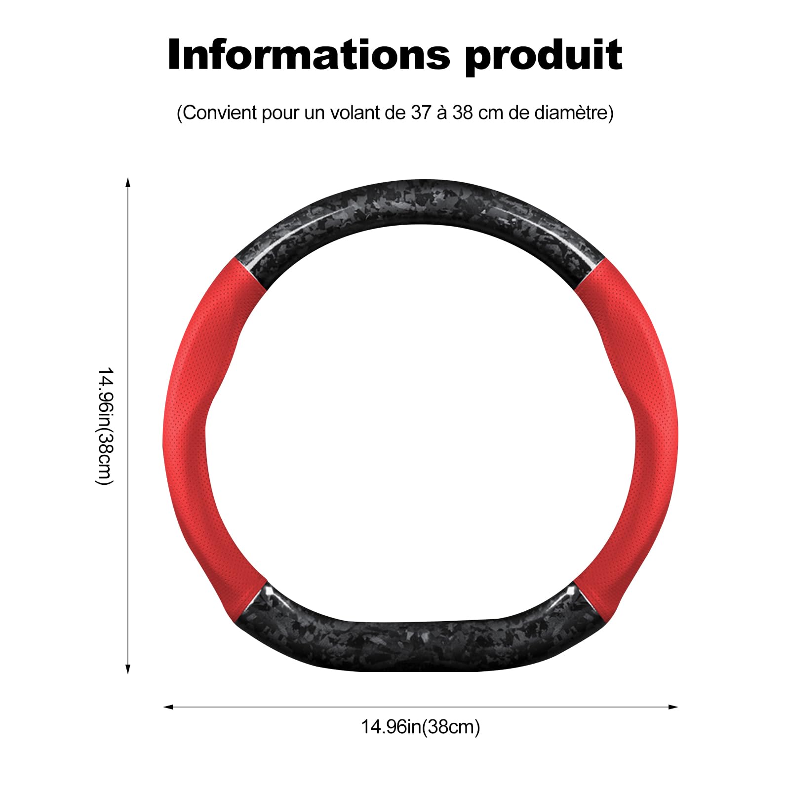 Ergocar Car Steering Wheel Sleeve, D-Type Forgeing Fibre De Carbone Et Manche De Volant en Cuir, 37-38 Cm / 14,5-15 Pouces, sans Glissement, Doux, Respirable,Style Sportif Moderne