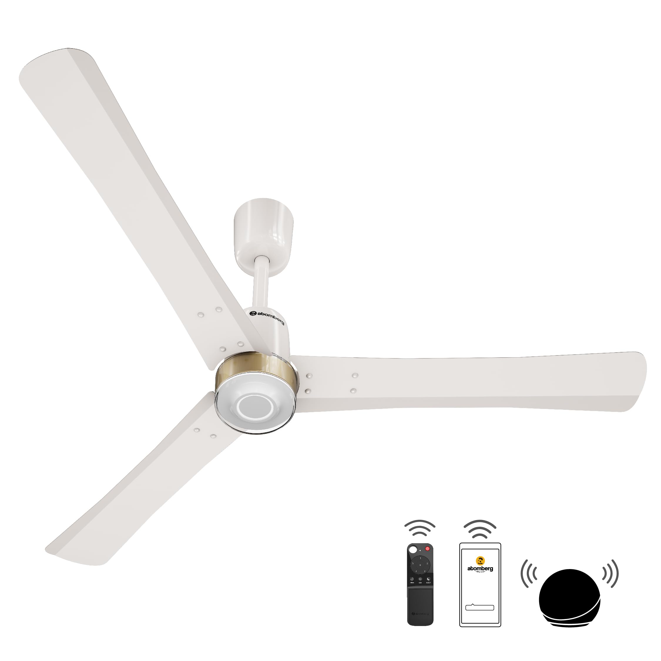 atomberg Renesa Elite Smart 1200mm BLDC Ceiling Fan with Remote & Alexa Support | BEE 5 Star Energy Saving Fan | High Air Delivery | Moonbeam LED Light | 5 Year Warranty | Pearl White - Gold Ring