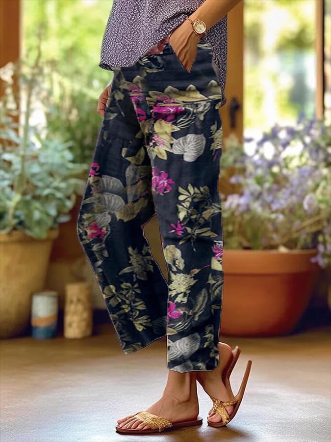 Women's Casual Boho Floral Cotton Linen Pants Elastic Waist Drawstring Summer Beach Baggy Trousers with Pockets2