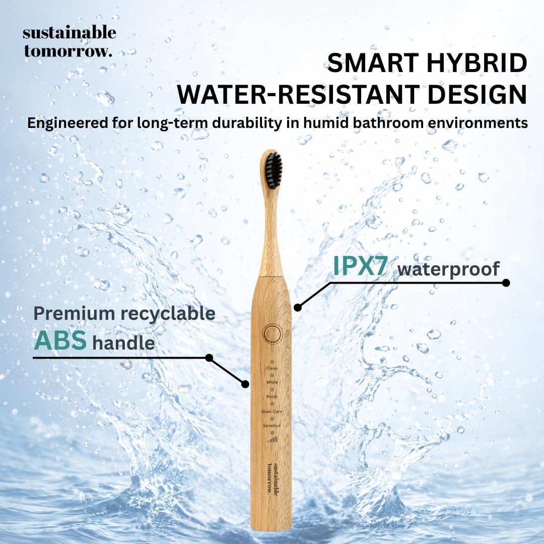 Sustainable Tomorrow Zen Bamboo Electric Toothbrush, Durable Wood-Grain ABS Handle, Rechargeable w/Plant-Based Soft Bristles, Bamboo Heads, 5 Modes & 30-Day Battery