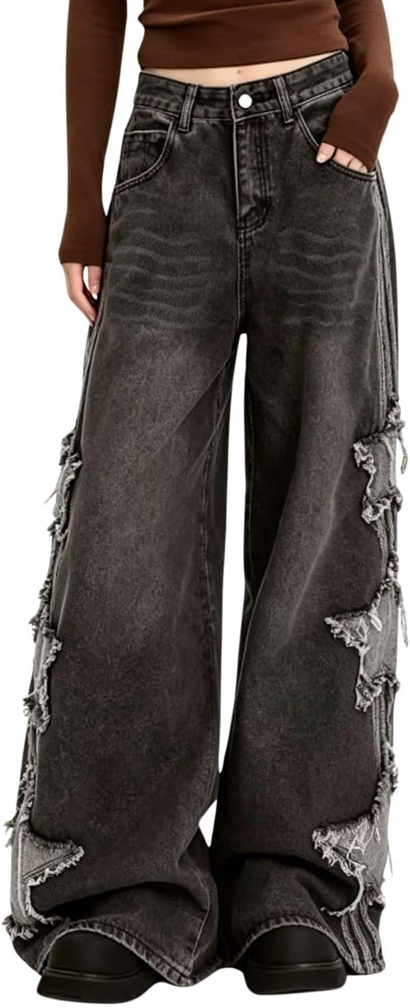 Star Jeans for Women Girls Baggy Cute Patchwork Denim Pants Y2k High Waisted Jeans Grunge Aesthetic Clothes