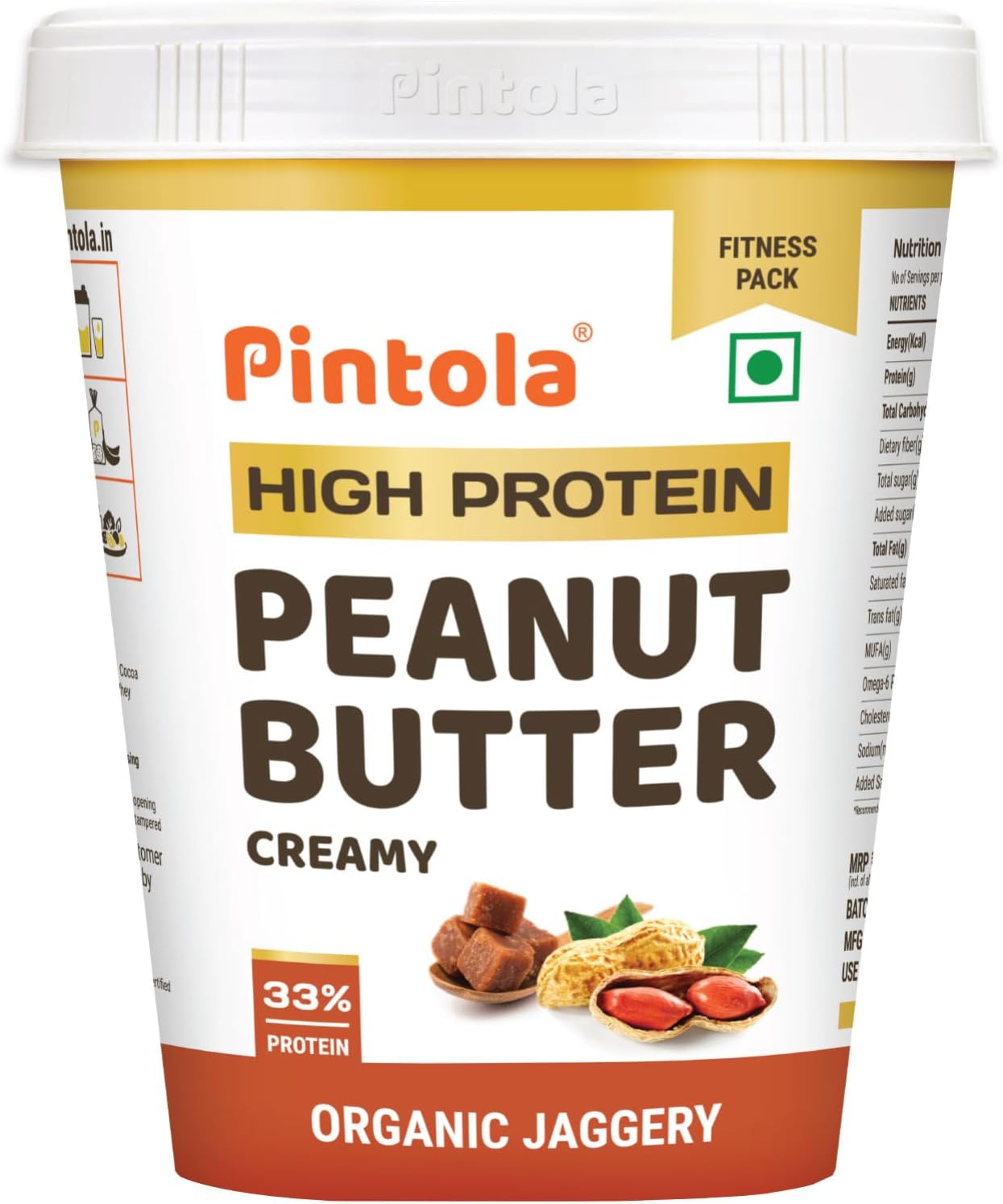 - Pintola HIGH Protein ORGANIC JAGGERY Peanut Butter Creamy 1kg with 33g Protein & 7g Fiber, Whey Protein Peanut Butter, Gluten Free, Zero Added Salt, Cholesterol Free, 100% Roasted Peanuts