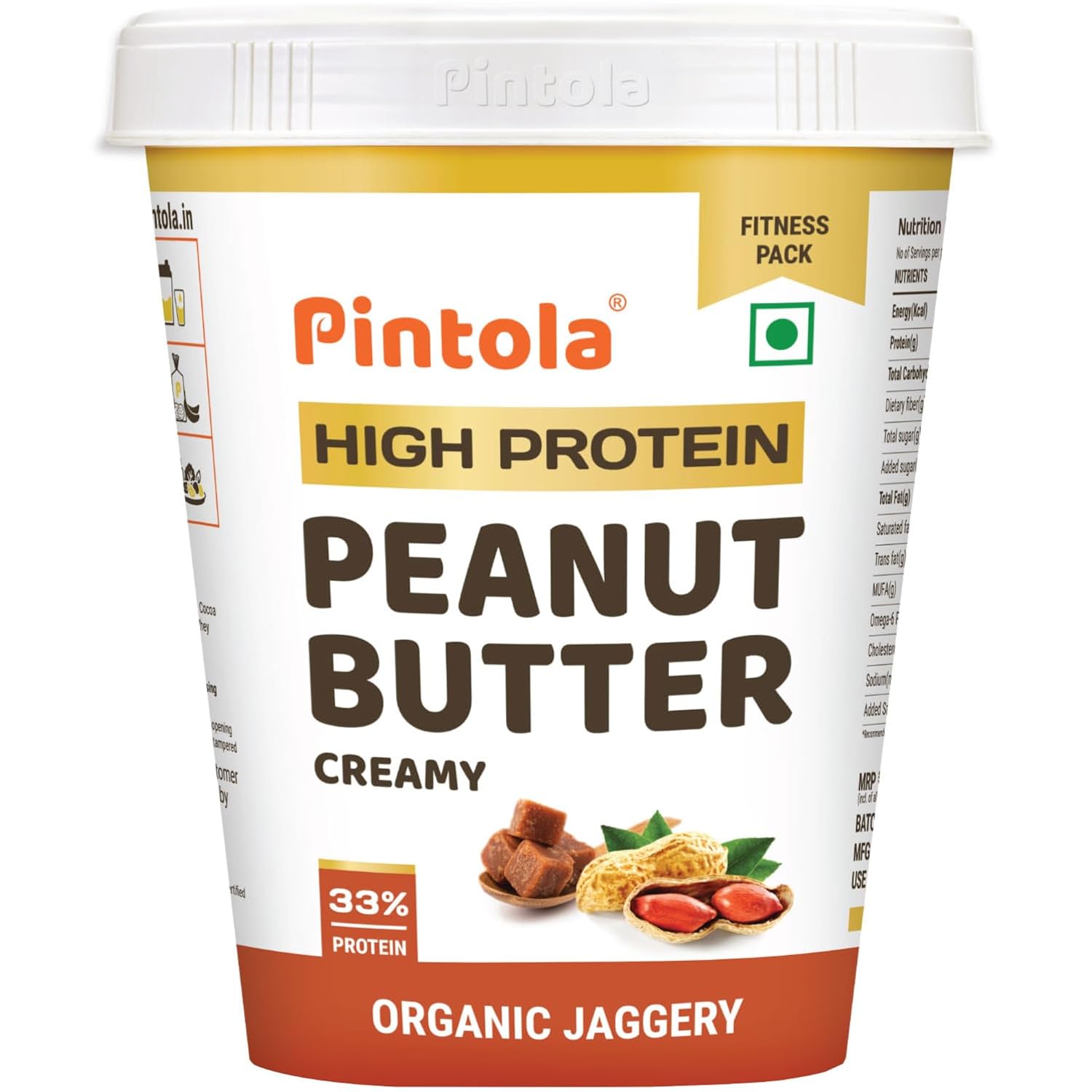 Pintola HIGH Protein ORGANIC JAGGERY Peanut Butter Creamy 1kg with 33g Protein & 7g Fiber, Whey Protein Peanut Butter, Gluten Free, Zero Added Salt, Cholesterol Free, 100% Roasted Peanuts