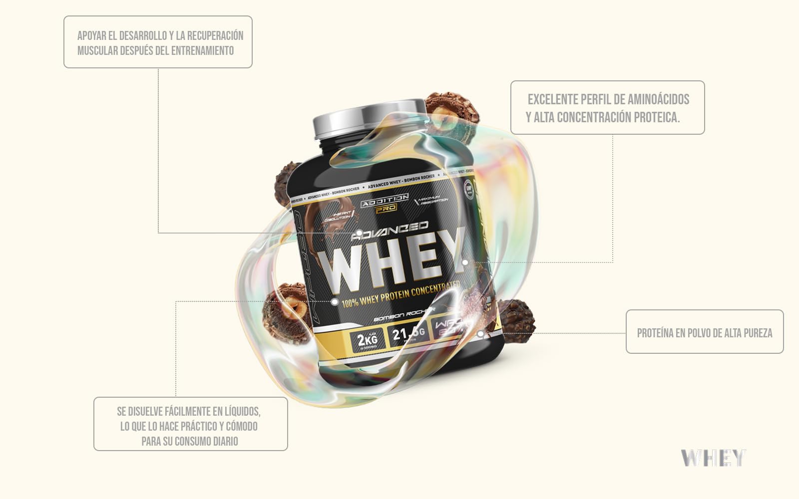 Advance Whey Protein - 100% Concentrado de Proteína de Suero de Leche - Sabor Bombón Rocher - 2kg