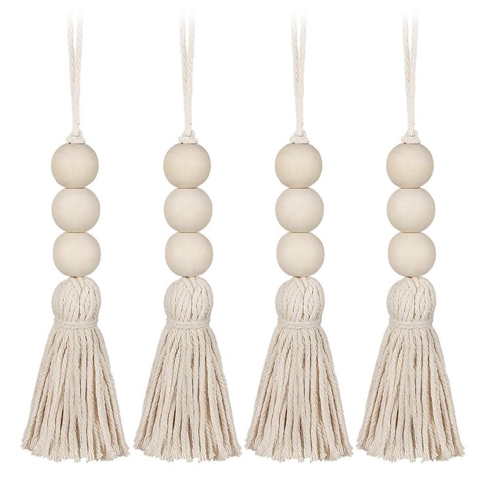 Melairo Wood Bead Garlands,Farmhouse Beads Tassels, Rustic Country Decor Prayer Beads For Home Door Knob Decor(4Pcs)