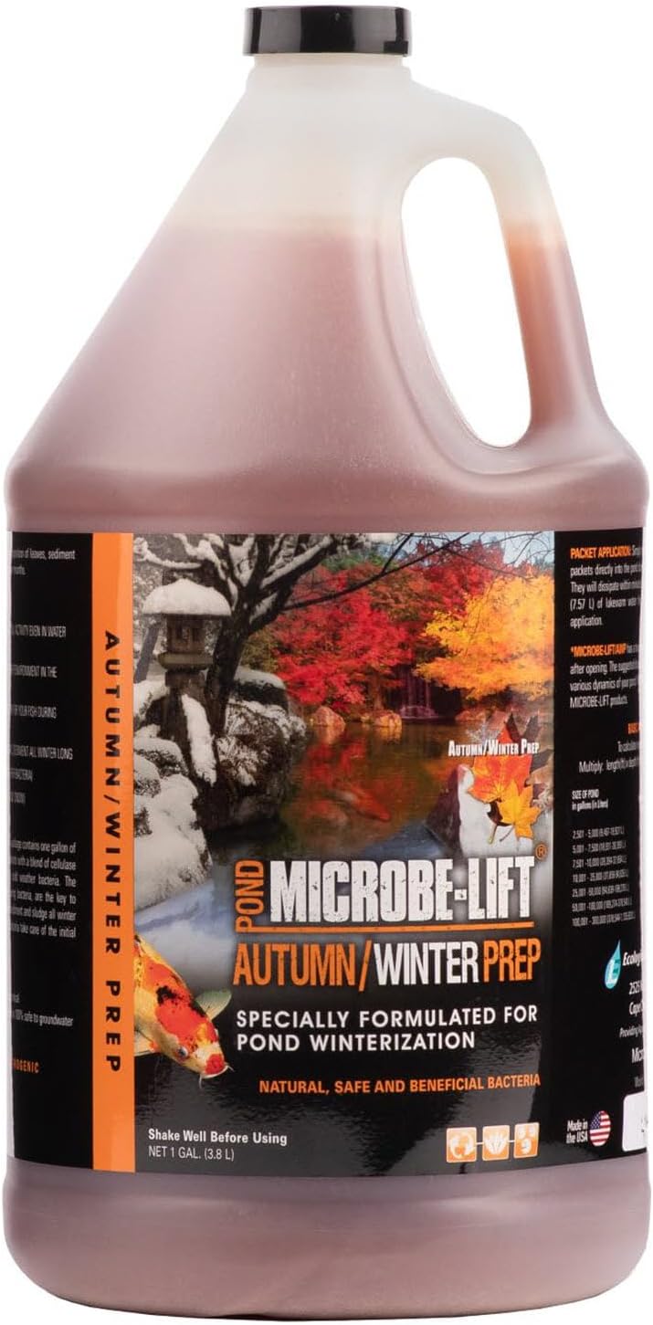 MICROBE-LIFT Autumn and Winter Prep Seasonal Conditioner for Ponds and Outdoor Water Gardens, Safe for Live Koi Fish, Plants, and Décor, 1 Gallon Liquid and 8 2-Ounce Packets