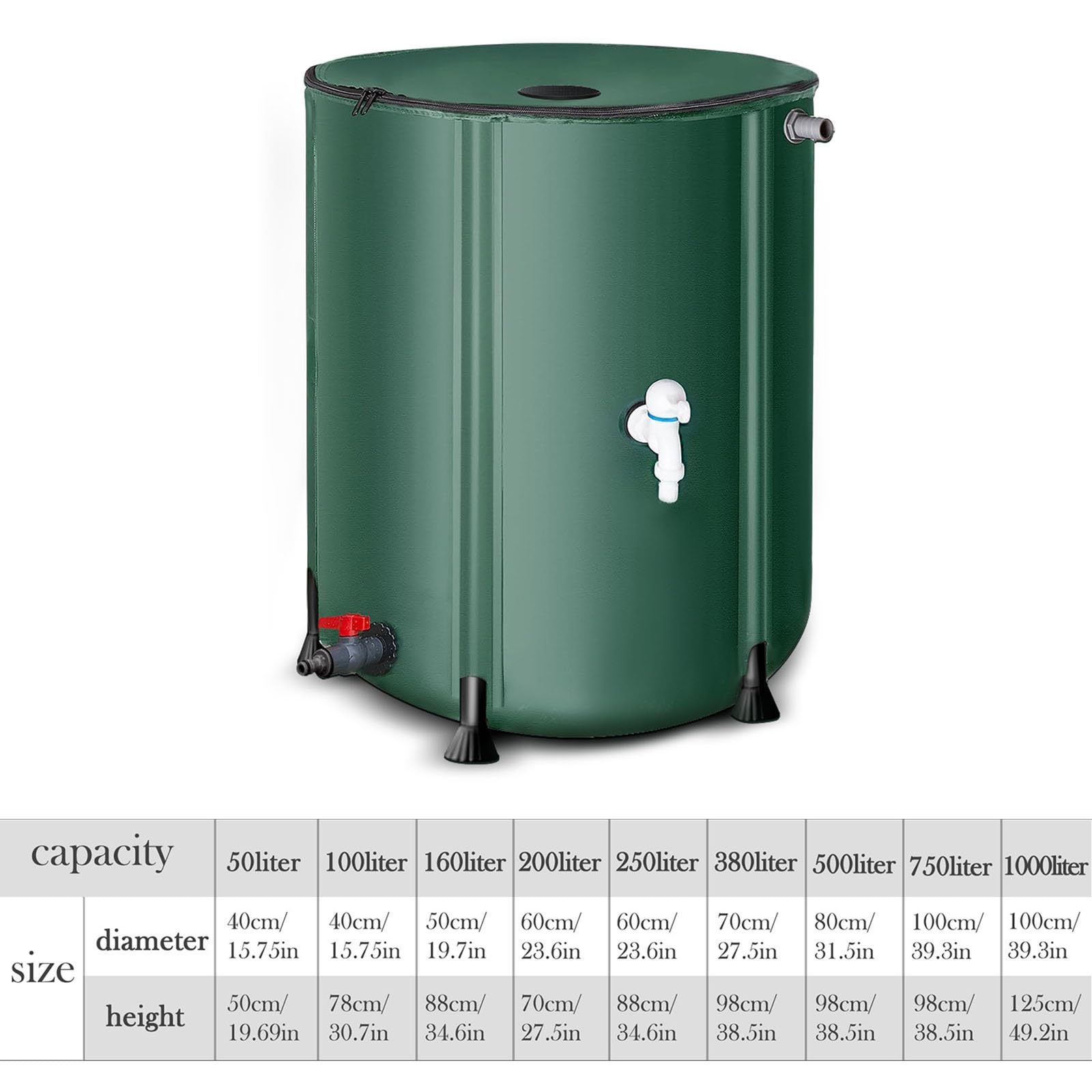 Barril de Lluvia Plegable de 50L a 1000L (13-264 galones) | Sistema portátil de recolección de Agua de Lluvia con Filtro de Malla | Tanque de Almacenamiento de Agua para riego de Jardines(380L)