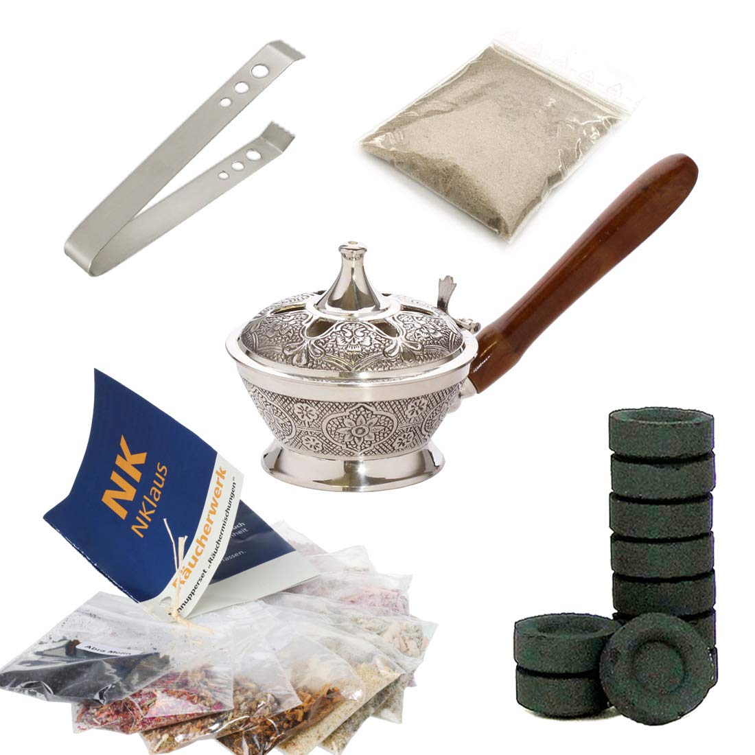 NKlaus set di incensiere d'argento 14 pezzi con assortimento di miscele d'incenso e carbone d'incenso 40620