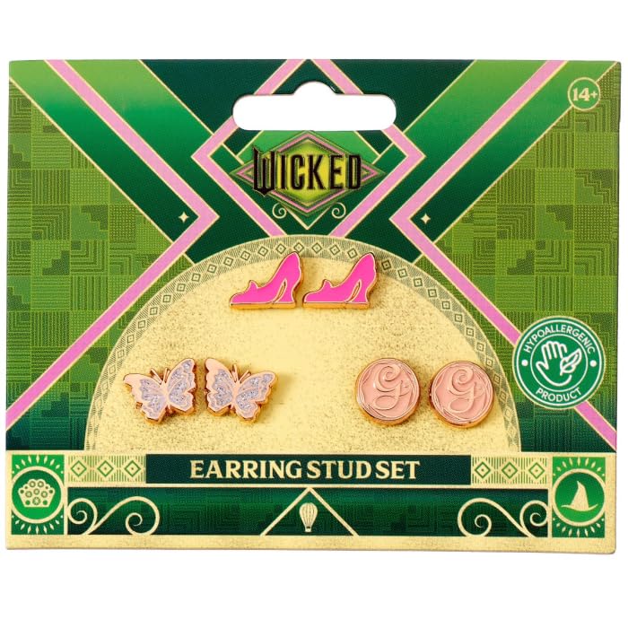 Wicked Glinda Set of 3 Stud Earrings - Butterfly, Glinda's Shoes & Glinda 'G', One Size, Zinc, No Gemstone2