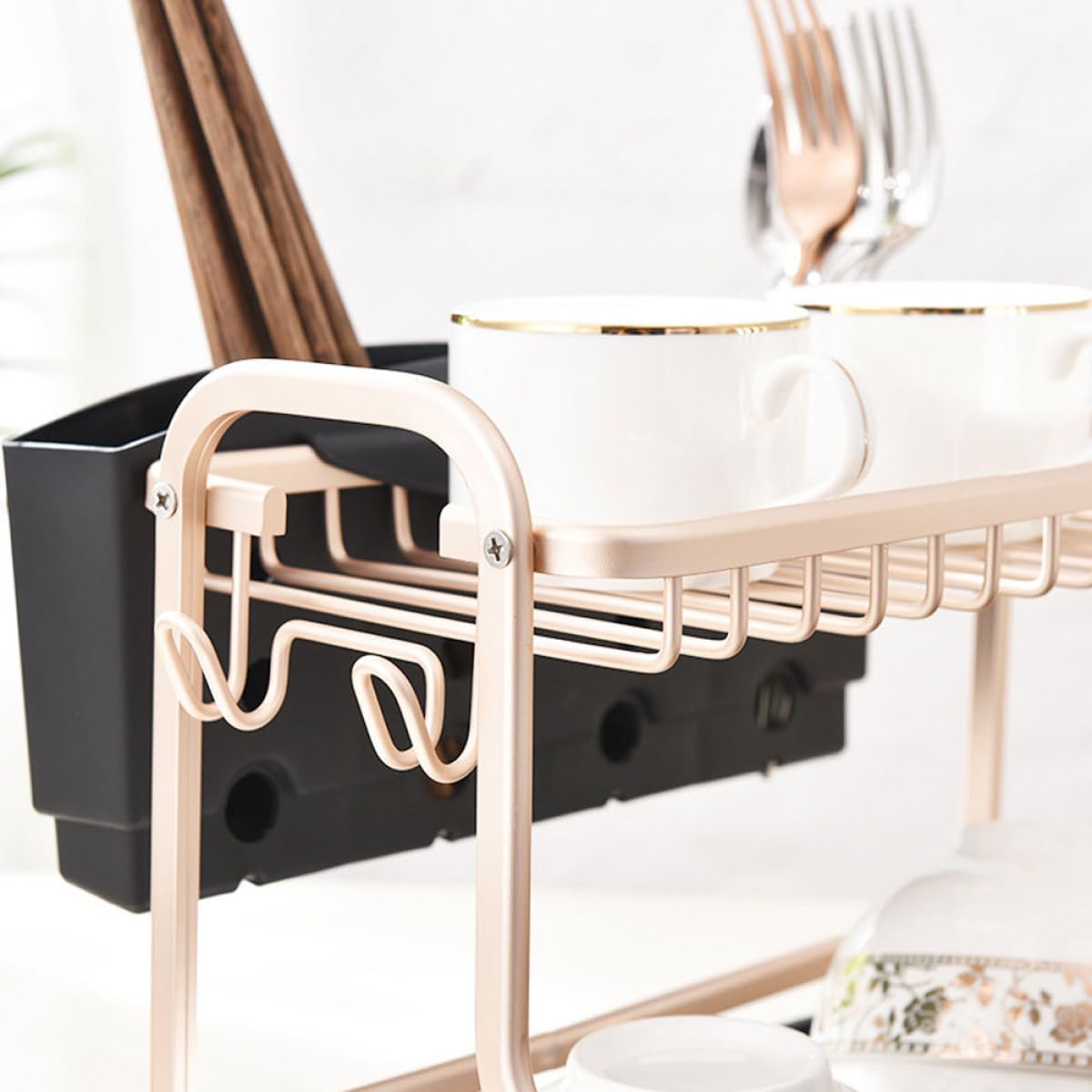 Mobestech Doppellagiges Aluminiumlegierung Küchen Abtropfgestell als Geschirrkorb und Besteckhalter für Küche Leicht zu Reinigen und Modernes Elegantes Design