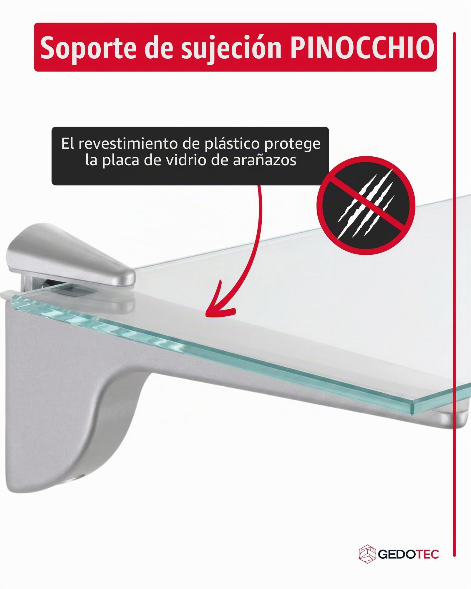 Gedotec Design Soporte de estante de vidrio - Plata mate | 2 piezas - soporte de estante de carga pesada | PINOCCHIO | estante de pared de metal | soporte de estante hasta 50 kg | soporte de estante