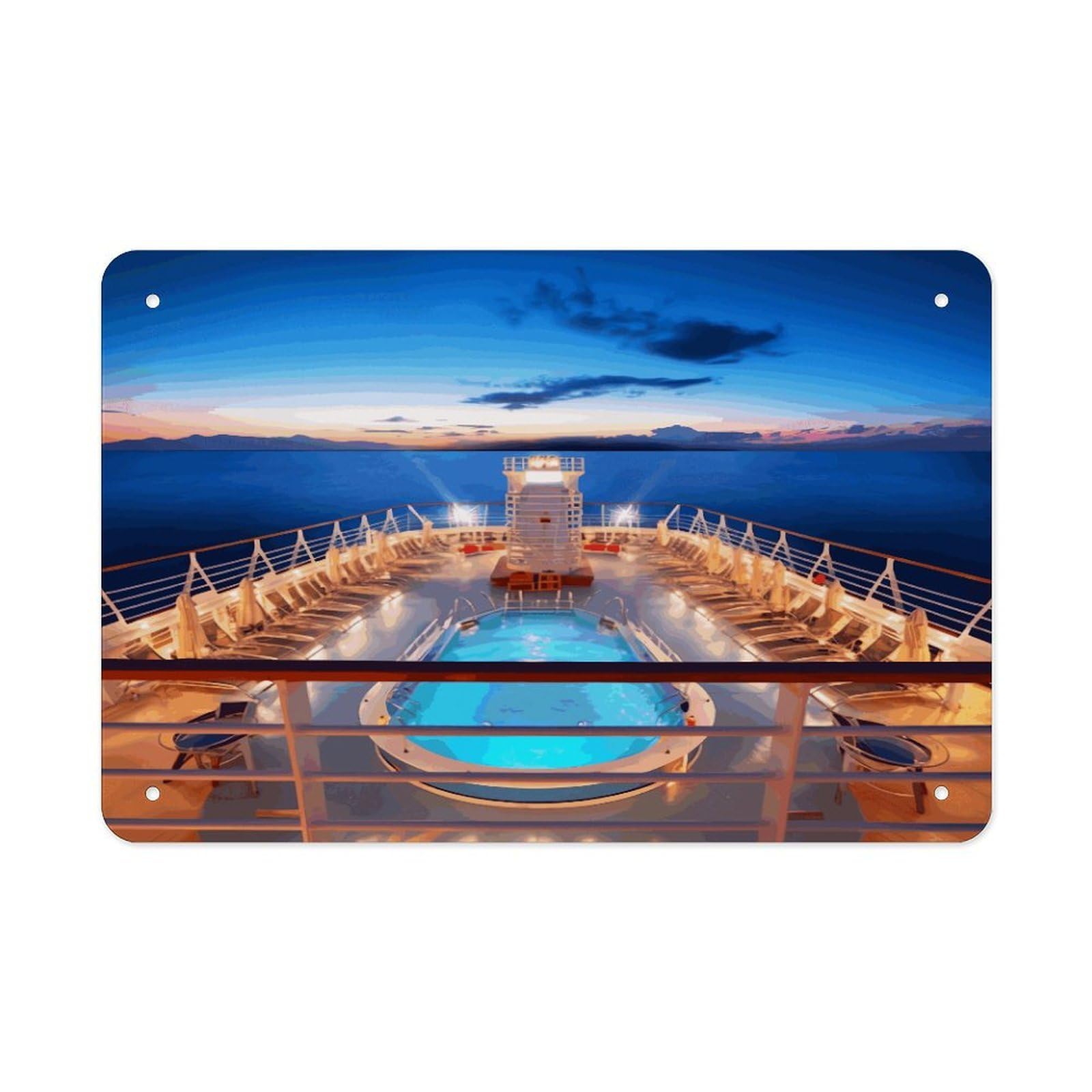 Pool Party Cruise Ship Metal Tin Sign 12"x8" Wall Art Prints Poster Decorative Picture Metal Signboard Decor Painting Folded Edge Iron Sheet Painting with Holes for Wall Decor