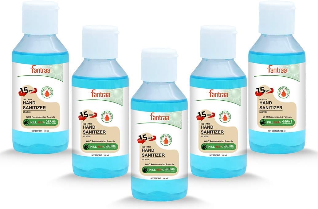 Fantraa Alcohol Liquid Based Instant Kills 99.9% Germs with Moisture Balance Hand Sanitizer Bottle(100 Ml) (Pack of 5)