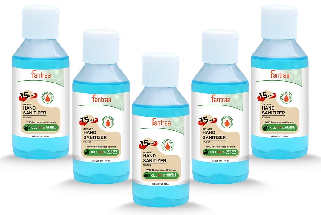 Fantraa Alcohol Liquid Based Instant Kills 99.9% Germs with Moisture Balance Hand Sanitizer Bottle(100 Ml) (Pack of 5)