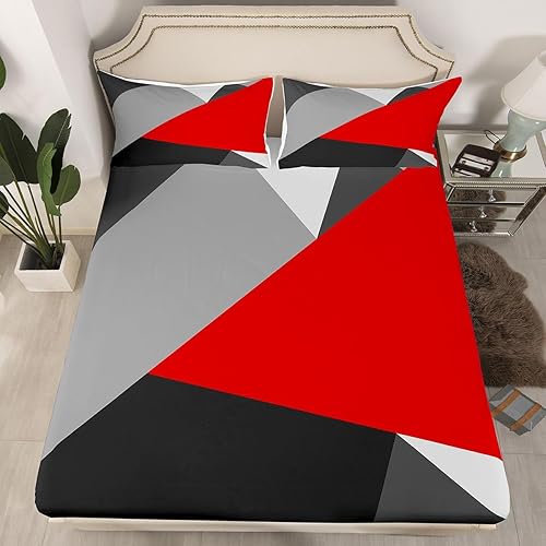 Miniatura 3 de Erosebridal Juego de sábanas geométricas de retazos de bolsillo profundo para niños y niñas, juego de ropa de cama con estampado triangular simple,