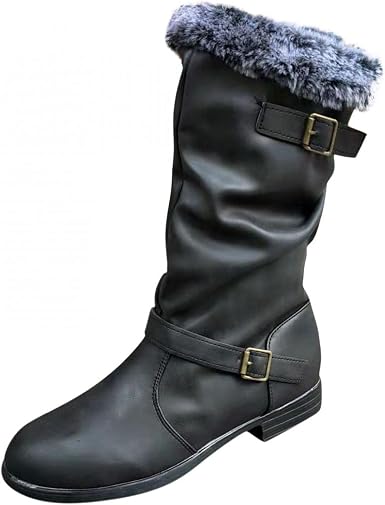 Amazon.com: Botas de invierno para mujer, botas de tobillo a la moda con  forro suave con hebilla de piel sin cordones térmicos al tobillo medio botas  de tacón bajo : Ropa, Zapatos