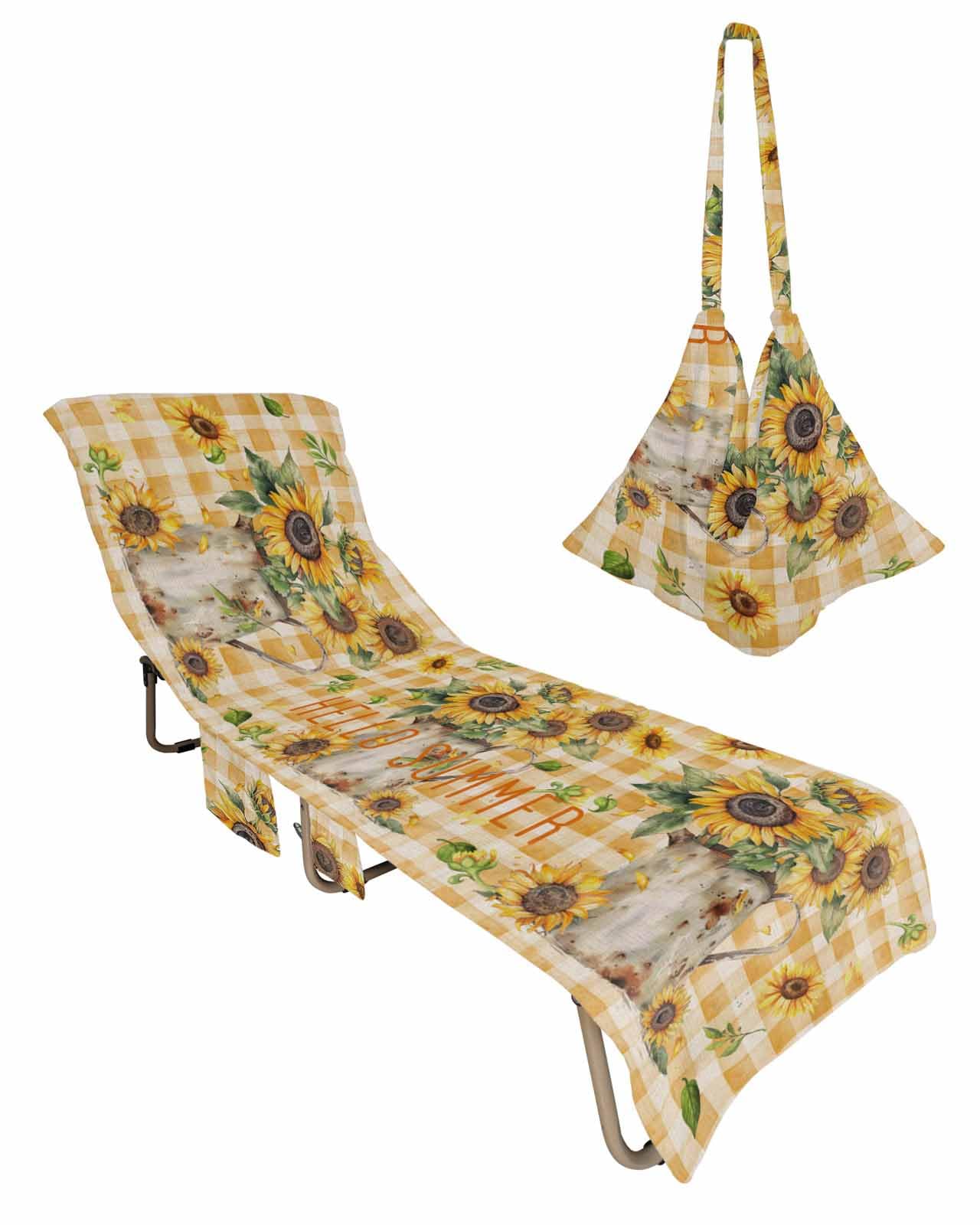 Beach Pool Patio Lounge Chaise Chair Cover Towel with Pockets,Plaid Sunflower Absorbent & Quick Dry Microfiber Towel Cover Bag Summer Travel Accessories Rustic Farmhouse Buffalo Floral Summer