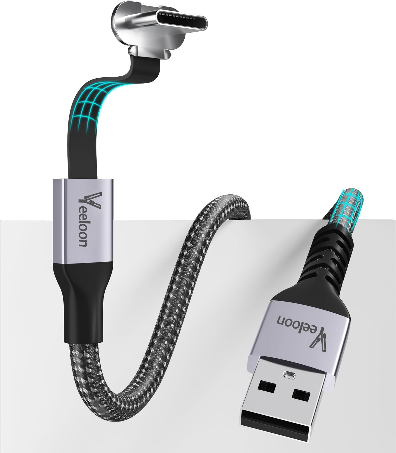 90 Degree USB A to USB C Cable 4 FT, 60W Flat Type C Fast Charging Cable, Right Angled Nylon Braided Charger Gaming Slim Cord for Laptop Tablet,Note 20 10, Pixel 8, Nintendo, Steam