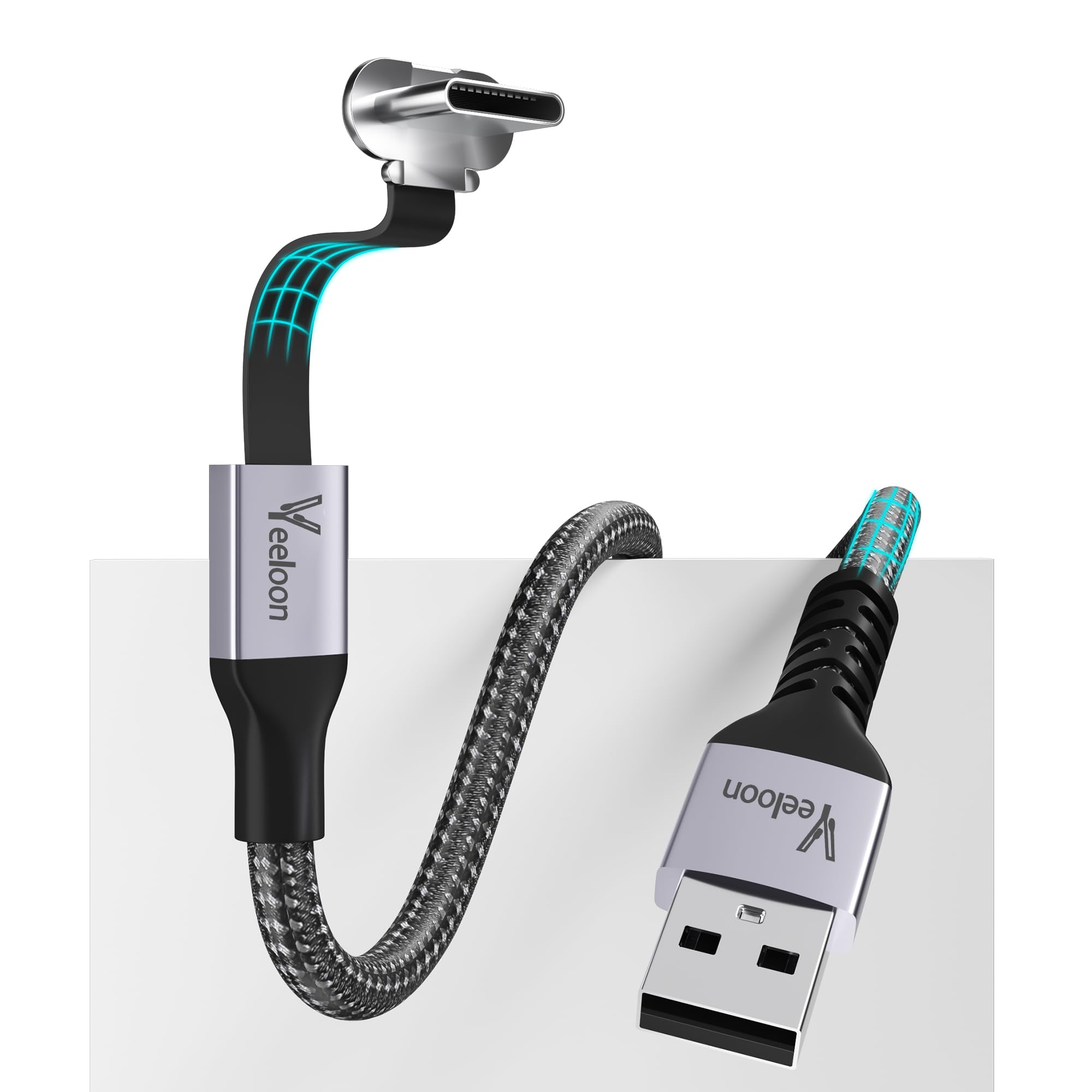 Cavo di ricarica rapida da USB A a USB C da 90 gradi, 1,2 m, 60 W, piatto tipo C, in nylon intrecciato ad angolo retto, sottile, per computer portatili, tablet, Galaxy S23/S24, Note 20 10, Pixel 8