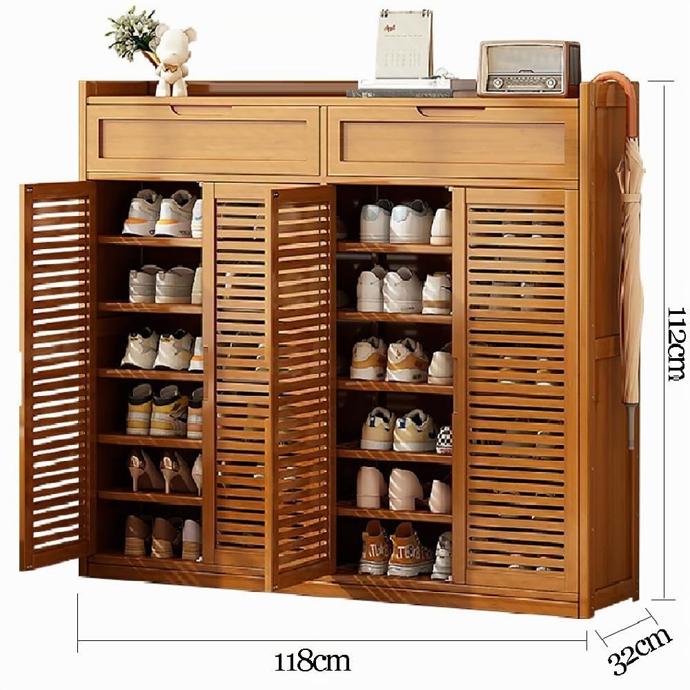 Armario Zapatero de Bambú con 8 Niveles, Mueble Zapatero Estrecho con 4 Puertas, Organizador de Calzado Independiente, Mueble Zapatero para Pasillo Estrecho