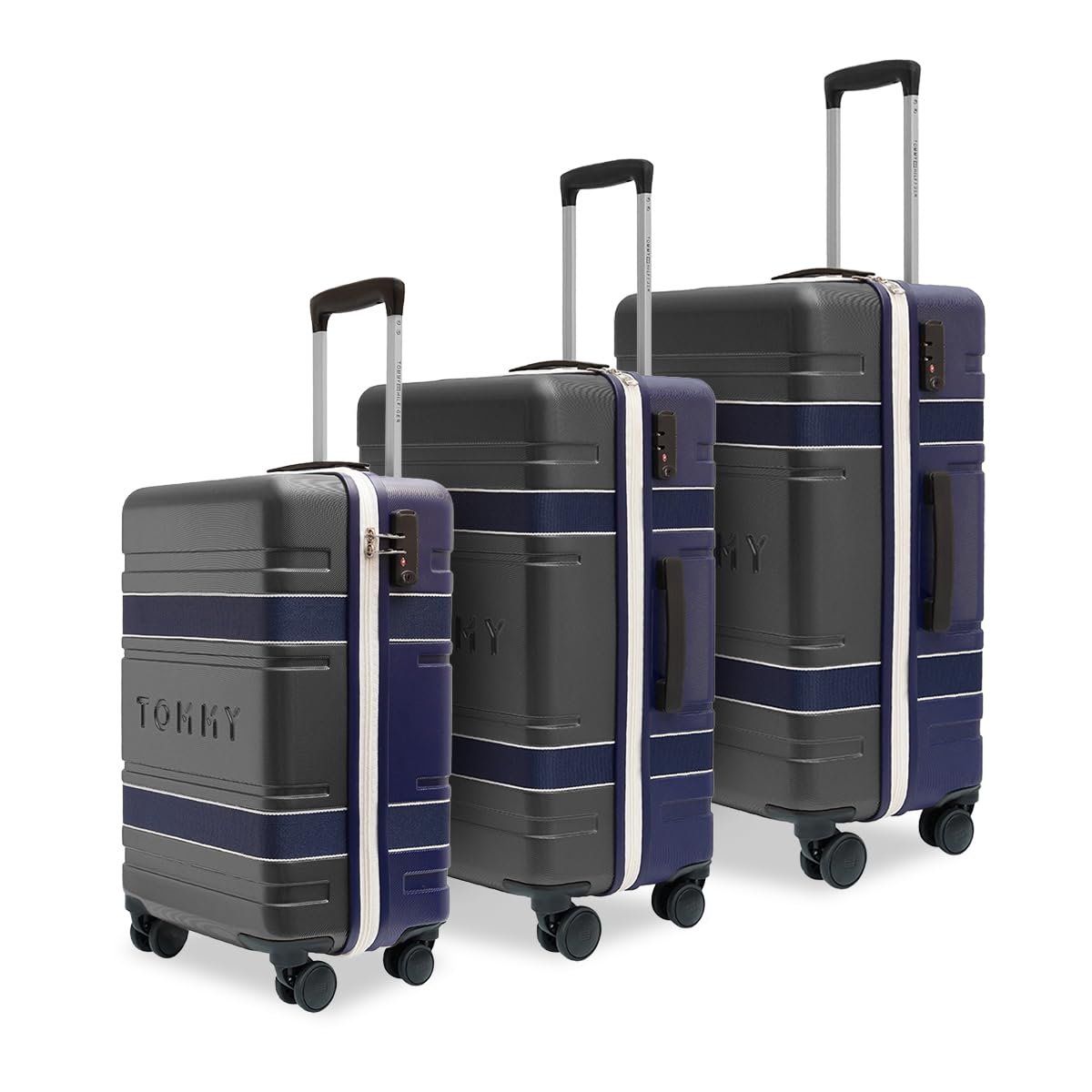 Tommy Hilfiger Hard Luggage Set of 3 (Small, Mid and Large) Las-Vegas - Grey & Navy | Check-in Trolley Bags with TSA Lock | 360° Spinner Wheels | Telescopic Handle | Hardshell PC Suitcase
