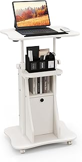 Mobile Standing Desk, Height Adjustable Speaker Desk with Tilting Table Top and Cabinet, Standing Desk for Standing Sitting, Wheeled Bar Table for Home Office, Black White