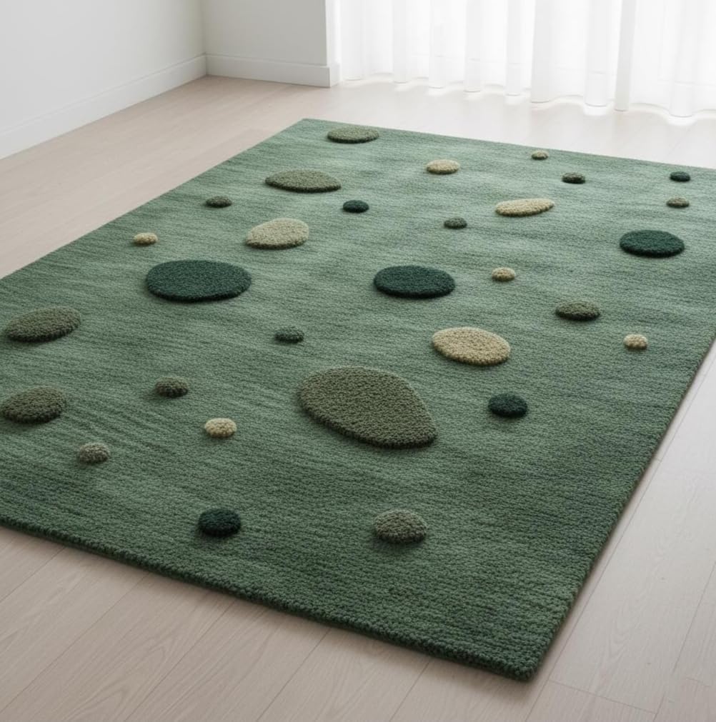 3D Moss Stone Area Rug, Green and Beige, Tufted, Nature-Inspired Living Room Decor (Dark Green, 8' x 10' Feet)
