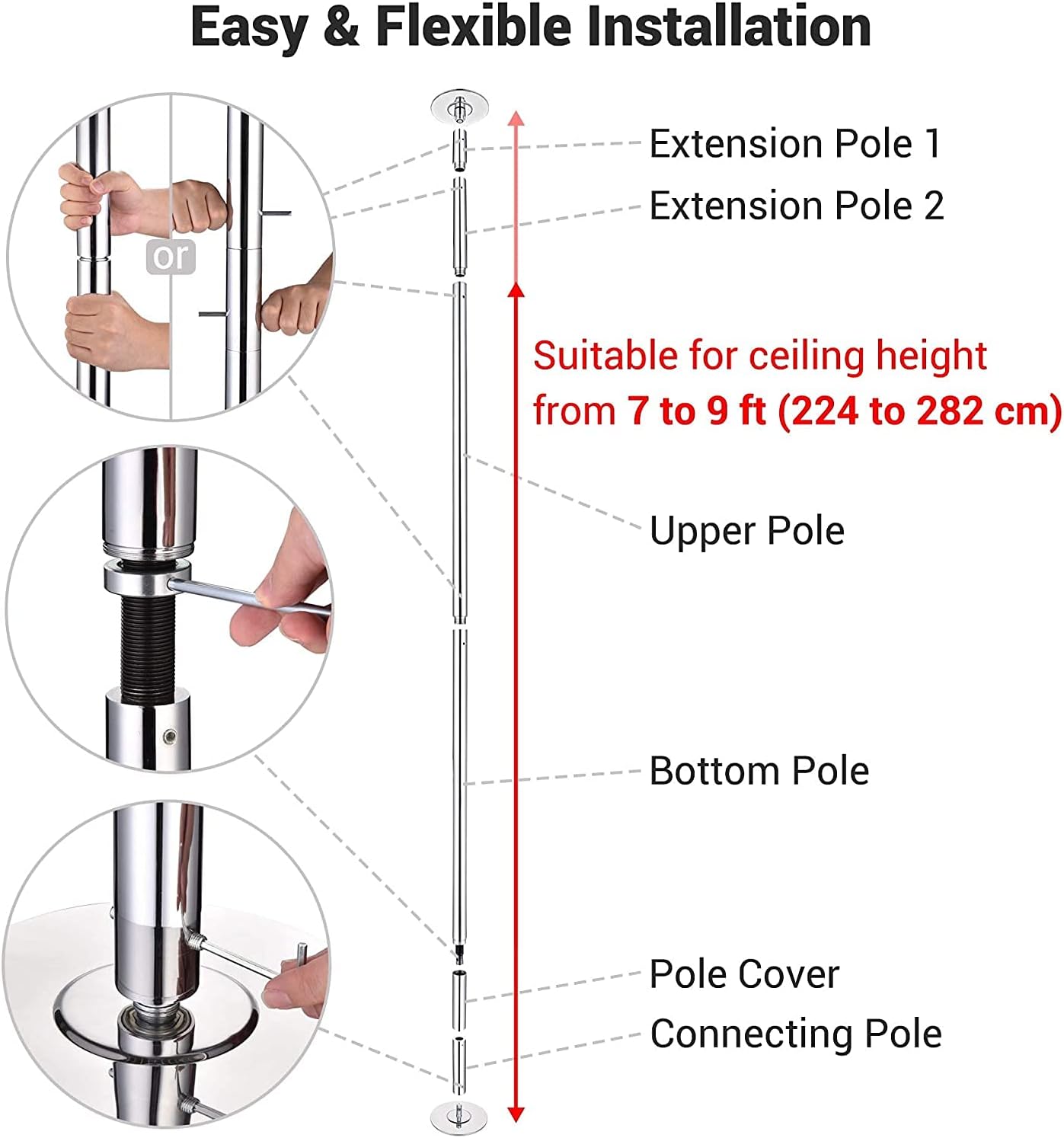 ZeHuoGe Spinning Staticb Fitness Dancing Pole Kit 45mm 40Cr Steel 7 to 9.25FT Height Adjustable Max Load 1102 Lbs US Delivery (Silver - Spinning, Static)