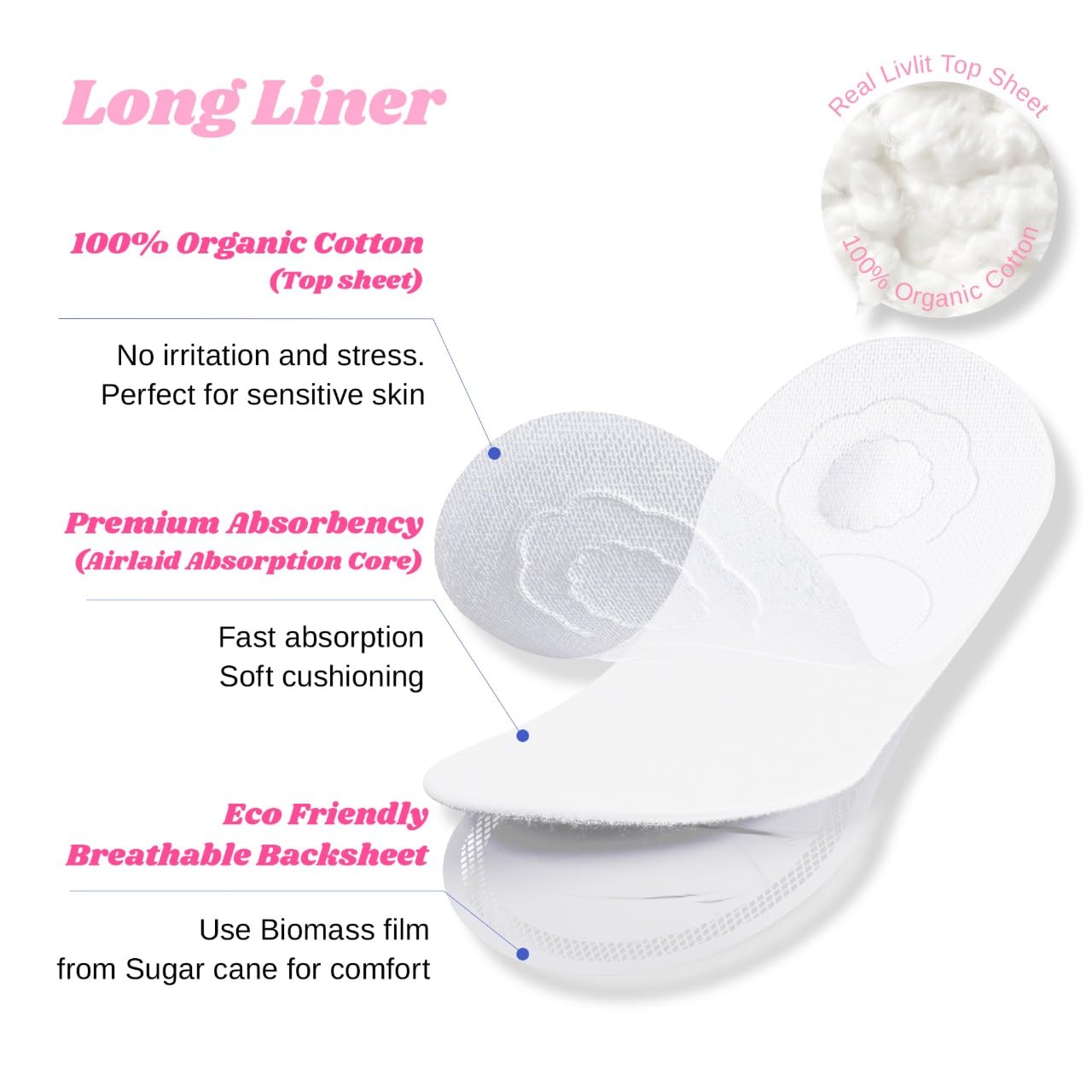 Livlit Organic Cotton Sanitary Pad Bundle – Long Liners 40pcs + Regular Pads 14pcs, Chlorine Free, Unscented, Ultra Absorbent Period Care