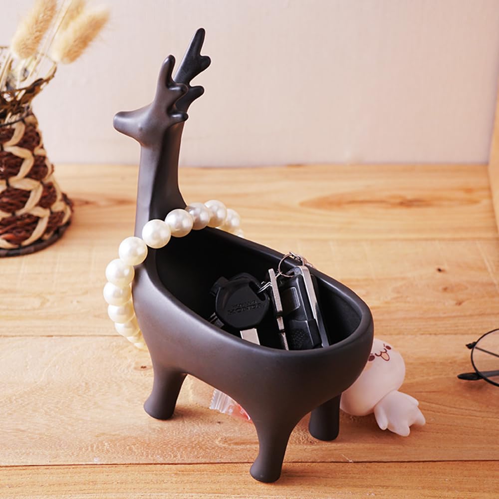 BOOMLATU Creative Resin Deer Statues Jewelry Tray Key Tray Organizer for Entryway,Table, Home,Bar and Office (Black)