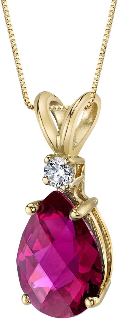 PEORA 14K Yellow Gold Created Ruby with Genuine Diamond Pendant for Women, 2.50 Carats Pear Shape 10x7mm, AAA Grade, Hypoallergenic Solitaire, Valentines Gift for Women, Sparkling V-Day Gift