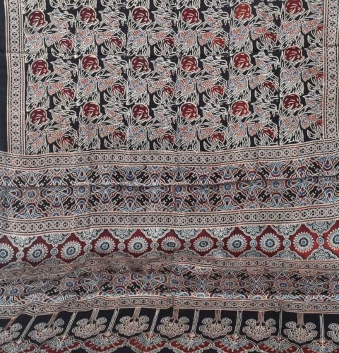 Image of Ethnics of Kutch Womenss Ajrakh Modal Silk Natural Dye Hand Block Print Saree with Blouse Piece - 5.5 Mtr Length (Black 03601D)