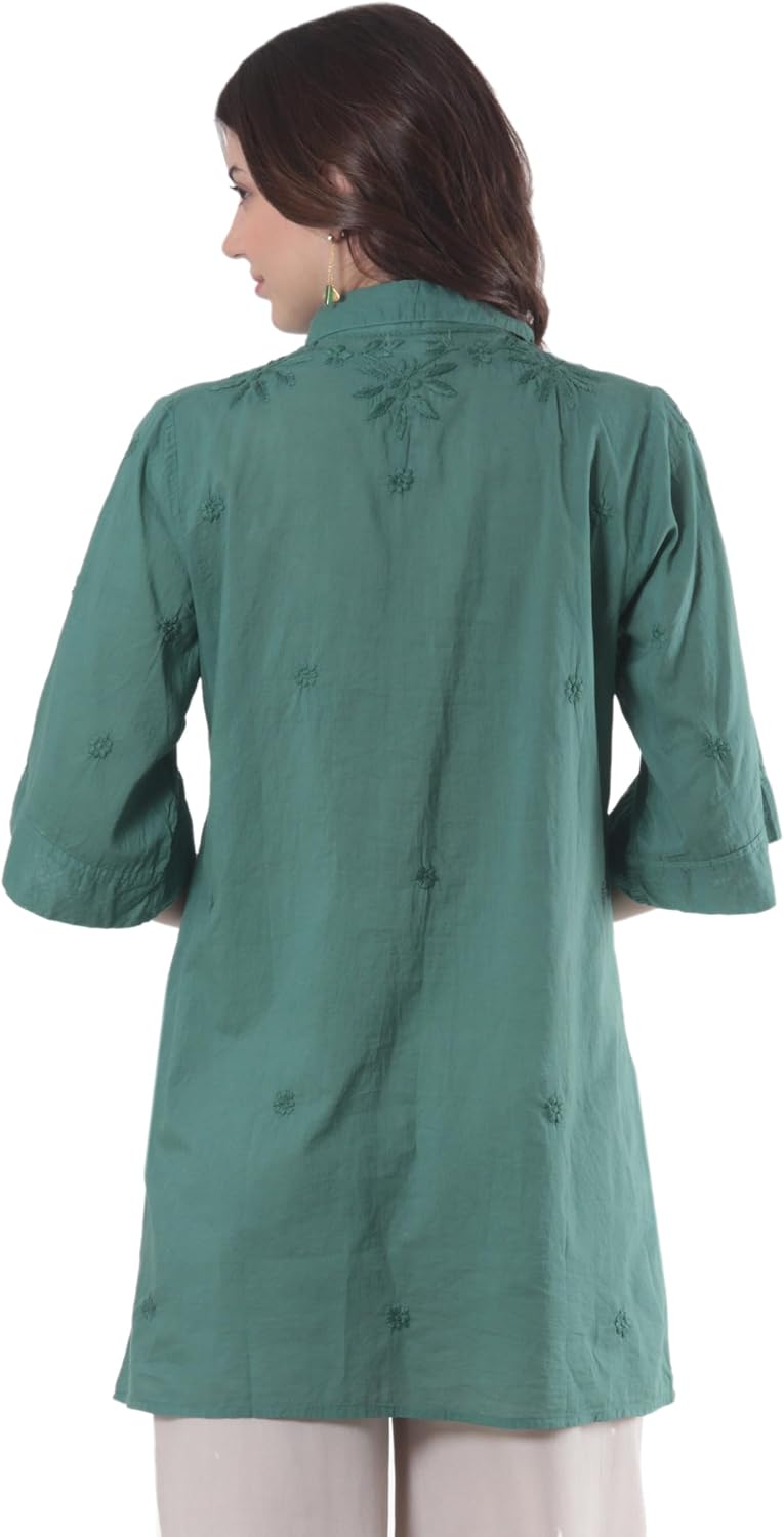 NOVICA Artisan Hand Embroidered Cotton Tunic from India Clothing Top Green Floral 'Festive Jade'