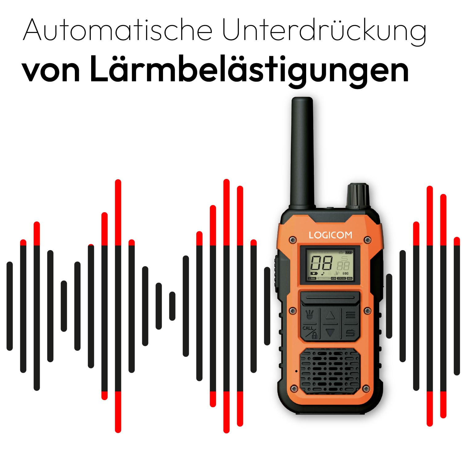 Logicom Extreme - Walkie-Talkie - PMR446 - Portata 10 km - Autonomia 36h - IP67-16 canali - Schermo LCD - USB-C Torcia - VOX Vivavoce - Audio Jack - Batteria 2000 mAh - Confezione da 2 radio