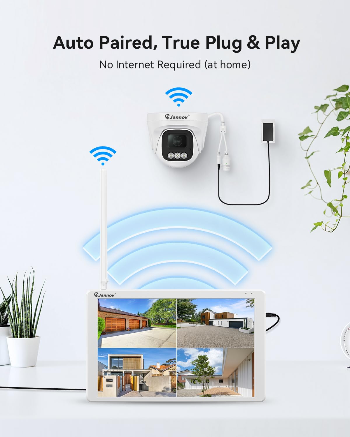 Jennov 5MP Kit Telecamere WiFi Esterno con 10" Monitor 10CH 5MP NVR, 2X5MP Telecamera IP, Angolo Ampio Di 120°, Visione Notturna a Colori, Rilevamento Persona, Registrazione 24/7, Disco 500GB Vista