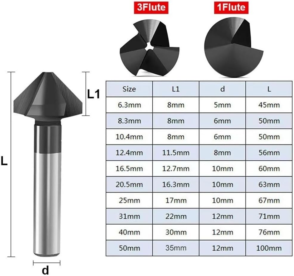 M35 Cobalt TiAlN Countersink Drill Bit, 1Flute/3Flute Chamfering Cutter, Deburring 1pc(12.4MM*3)
