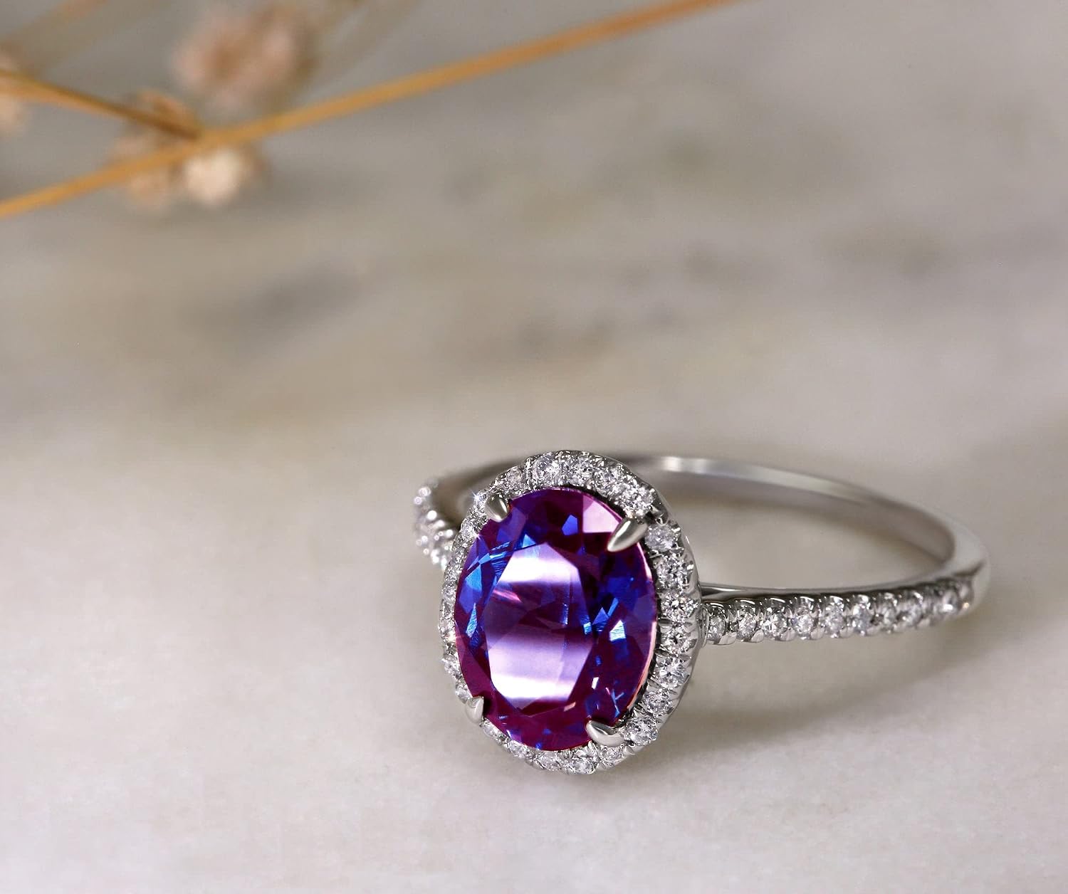Kobelli 2 3/5 Carat Oval Halo Lab Alexandrite and Diamond Engagement Ring 14K White Gold