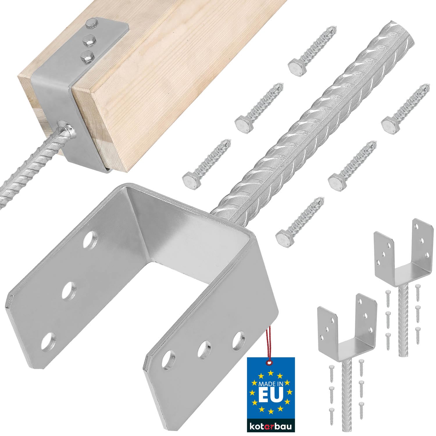 Kotarbau Light Width 91 Mm Kotarbau® 2 Pcs U Post Base - For Concrete - Galvanised Steel - 91 Mm (3.58 Inches) - Silver - Fence Post Support - Pillar Support