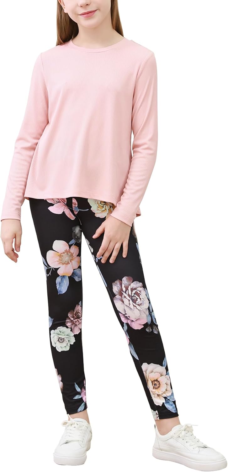 GORLYA Girls 2 Piece Casual Outfits Long Sleeve Rib Knit Tops Floral Print Legging Pant 2pc Kids Clothes Sets 6-14Y