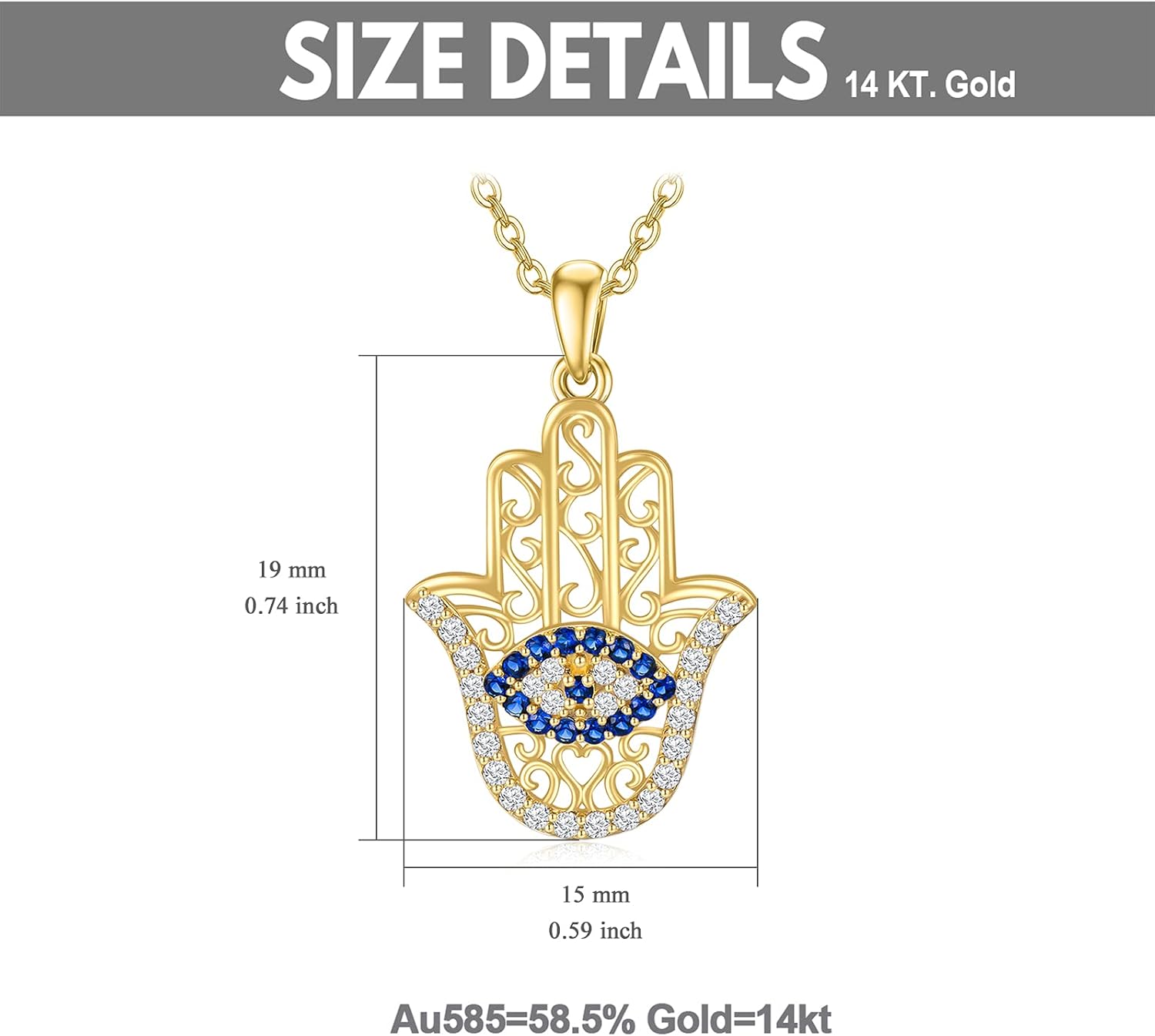 SISGEM Solid 14K Gold Evil Eye Necklace, Real Gold Fatima Hamsa Hand Charm Pendant Necklace Fine Jewelry Anniversary Birthday Gifts for Her, Wife, Mom, Girlfriend,16''+2'' - Image 5