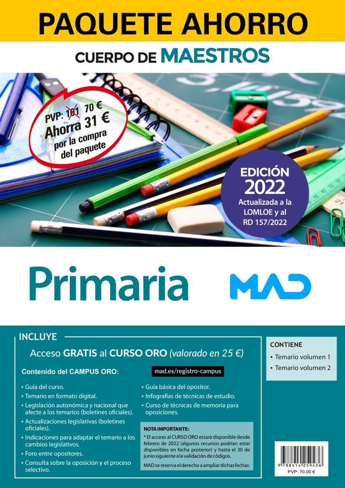 Paquete Ahorro Cuerpo de Maestros Primaria. Ahorra 31 € (incluye en papel: Temario volúmenes 1 y 2; y acceso online gratis a Curso Oro)
