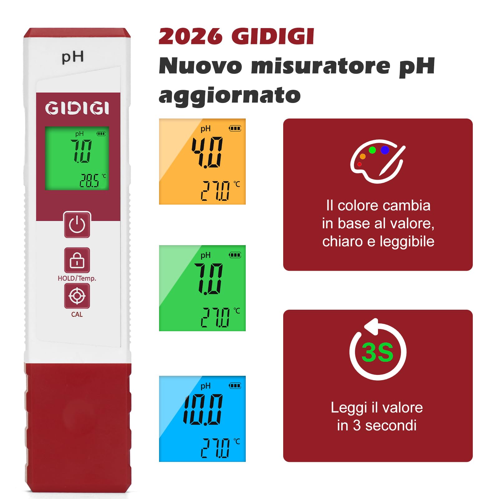 Misuratore di pH per acqua con display a colori, misuratore di pH digitale professionale, kit di calibrazione del pH analizzatore di qualità dell'acqua per piscine, terme, idroponica, acquari e