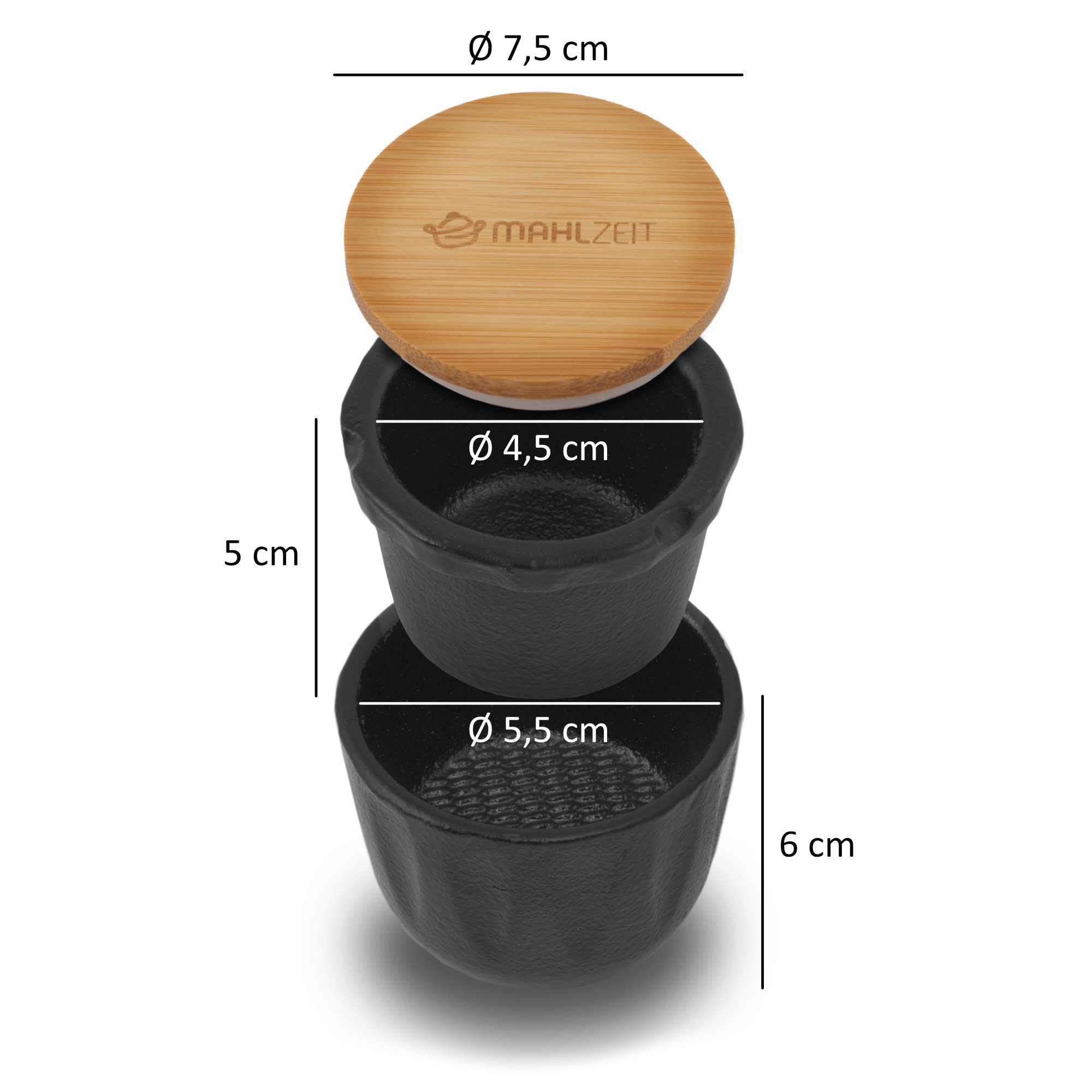 Mahlzeit Peppermill in ghisa | Ø 7,5 x (H) 8 cm | nero | coperchio in bambù con anello in silicone | macina spezie pepe mortaio erbe erbe aromatiche grattugia spezie mortaio in ghisa