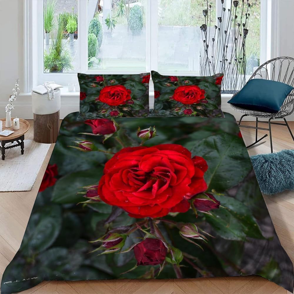 Komplet pościeli 220 x 240 cm, czerwona róża, miękka pościel z mikrofibry, poszewka na kołdrę 3D, z nadrukiem 3D, piękne kwiaty, 3-częściowy komplet pościeli z zamkiem błyskawicznym i 2 poszewki na